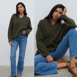 Pretty Lavish Jovie Oversized Rib Knit V Neck Sweater Olive Green